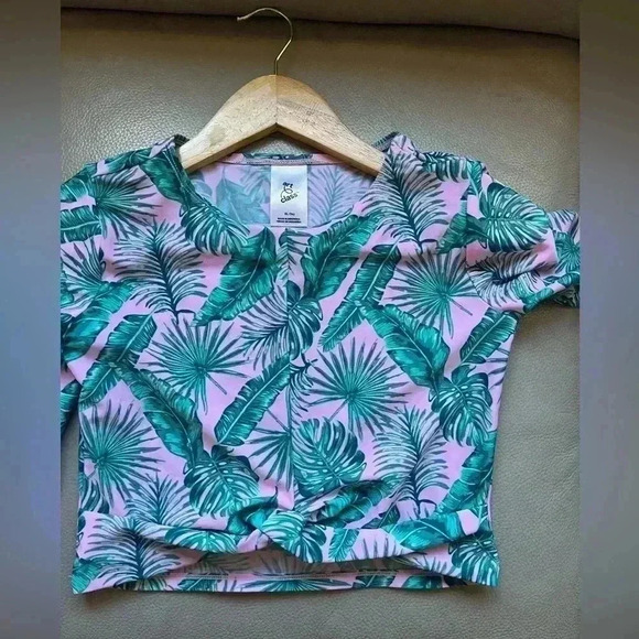 New Art Class Girls XL 14 Pink Green Tropic Leaf Twist Front Swimsuit Rash Guard - Picture 4 of 5